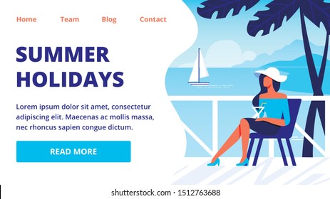 Advertising Image. Woman in White Hat Sits on Chair on Background of Sea. Vector Illustration. Woman with Cocktail in Hands.  