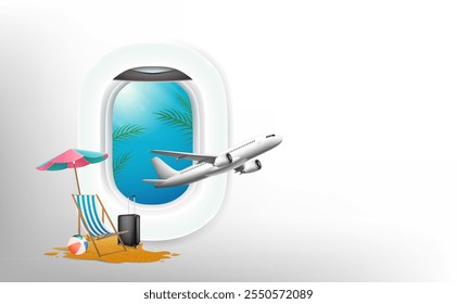 Advertising images supporting tourism, booking tickets online via mobile phones application or website. Luggage , Airplane , Passport ,Ticket. Sky background for vector illustration