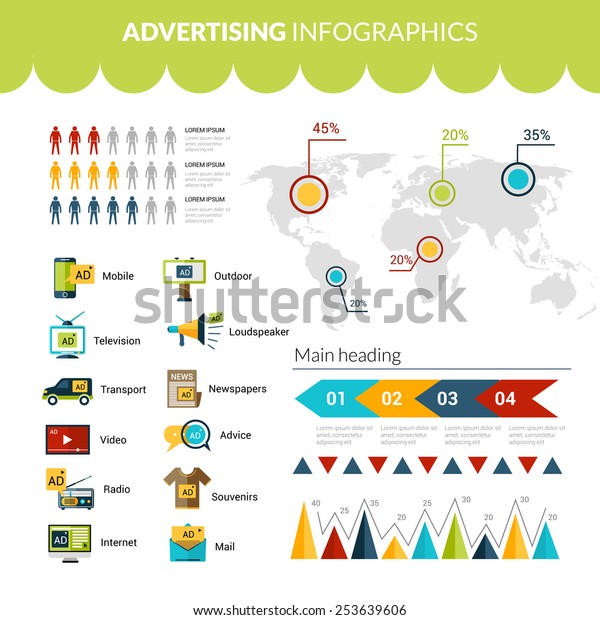Advertising infographics set with\
marketing strategy symbols charts and world map vector\
illustration