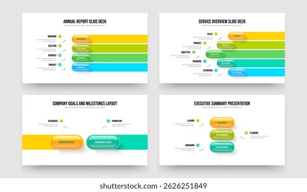 Advertising Innovation 4 5 2 3 Option Diagram Slideshow Template Set. Consulting Report Four Five Two Three Step Infographic Frame Layout Vector Illustration Bundle.