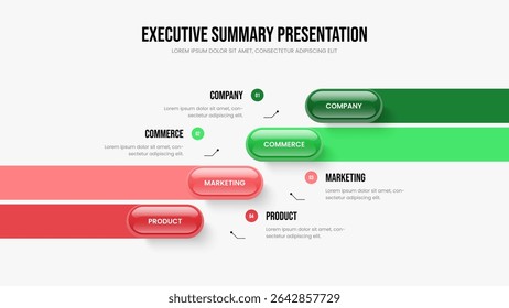 Advertising Innovation 4 Step Diagram Presentation Design. Enterprise Review Slideshow Template Vector Illustration. Sales Overview Four Element Infographic Slide Layout.