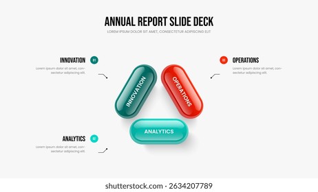 Advertising Innovation Slide Template Vector Illustration. Financial Briefing Three Step Diagram Presentation Design. Company Campaign 3 Option Infographic Frame Layout.
