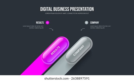 Advertising Innovation Two Element Infographic Slide Template. Marketing Briefing 2 Option Diagram Presentation Design. Enterprise Report Slideshow Layout Vector Illustration.