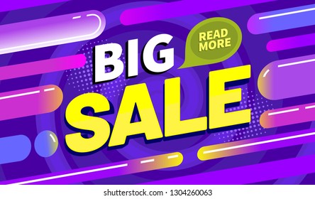 Advertising inscription “Big Sale” on violet background. Discount banner design. Vector illustration fashion newsletter designs, poster design for print or web, media, promotional material