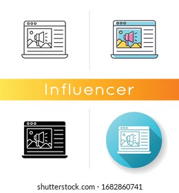 Advertising insert icon. Website page with ad. Laptop display with promotion on site. Digital marketing, loudspeaker sign. Linear black and RGB color styles. Isolated vector illustrations