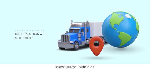 Advertising of international transportation in cartoon style. Transport company services. Shipment of goods abroad, import and export. Color horizontal layout