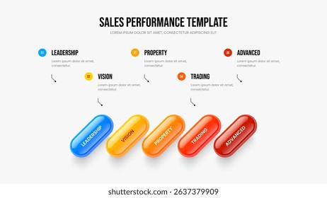 Advertising Introduction Five Element Diagram Presentation Design. Business Performance Frame Template Vector Illustration. Product Portfolio 5 Step Infographic Slide Layout.