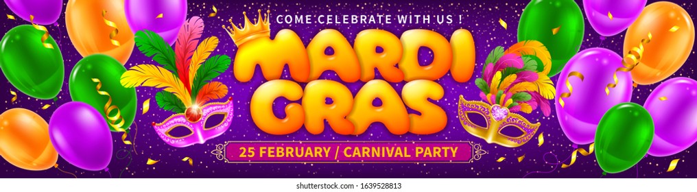 Advertising or invitation for Mardi Gras Carnival. Luxury golden venetian masks with lush feathers and letters Mardi Gras with golden crown on bright background with balloons and tinsel. Vector.  