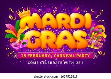 Advertising or invitation for Mardi Gras Carnival. Luxury golden venetian masks with lush feathers and letters Mardi Gras with golden crown on bright background with glitters and tinsel. Vector.  