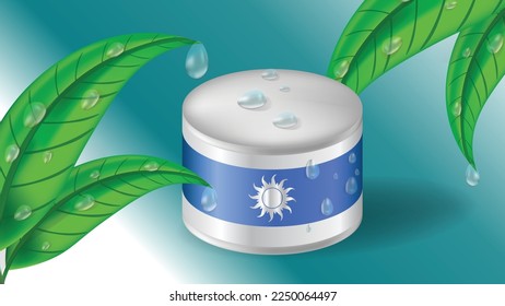 Advertising jar of cream with fresh green tea leaves or plant with water drops in realistic 3d style