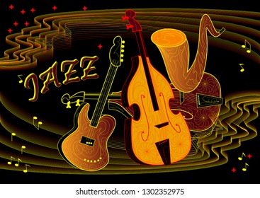 Advertising of Jazz concert on black background. Poster for musical performance. Modern print. Vector image.