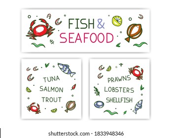 Advertising kit for the fish store. The sign and two banners are isolated on a white background. Images of fish and seafood are arranged around the inscriptions.