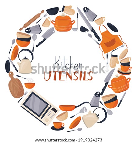 Advertising of kitchen accessories for cooking. Vector set of kitchen accessories, metal and ceramic dishes in a circle. Kitchen accessories, kitchen equipment.