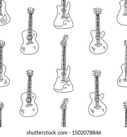 Advertising label, pattern different guitars. Musical stringed instrument drawn art style. Shown are different options, classic acoustic seven-string guitar modern electric guitar.