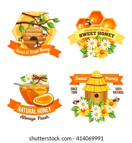 Advertising labels presenting sweet and fresh natural honey with hive bees honeycomb and  jar of honey vector illustration  