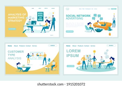 Anzeigenlanding Page Vector Templates Set. Webseitendesign-Layout für Social-Network-Anzeigen mit flachen Illustrationen. Online-Marketing-Website. Web-Banner der Ideengenerierung. Teamwork-Konzept