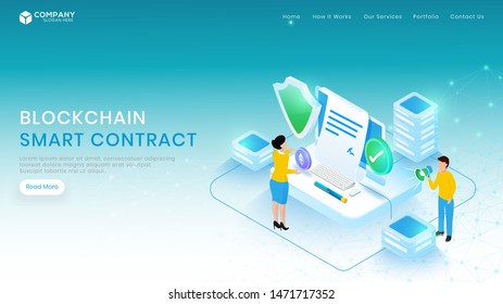 Advertising landing page or website design with business woman signing online form by computer, security analysis data management for Blockchain or Smart contract concept.