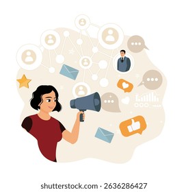 Advertising launch strategy to increase customers. A woman speaks using a megaphone to attract customers.