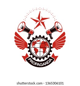 Advertising leaflet composed with loudspeakers and Earth globe surrounded by engineering cog wheel. Proletarian revolution abstract vector illustration. Power of global information.