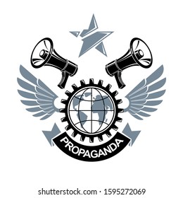 Advertising leaflet composed with loudspeakers and Earth globe surrounded by engineering cog wheel. Proletarian revolution abstract vector illustration. Power of global information.