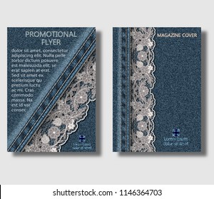 Advertising leaflet design template with blue denim background and sewn openwork floral ornamental. Can be used to design leaflets, brochure cover or banner. Vector illustration