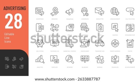 
Advertising Line Editable Icons set. Vector illustration in modern thin line style of promotion related icons: marketing, announcement, branding, and more. Isolated on transparent background.

