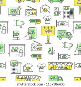Advertising line icon seamless pattern isolated on white backdrop. Product promotion endless background with minimal marketing signs. Web site wallpaper with outline vector icons for business theme