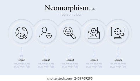 Werbelinien-Symbolsatz. Zielgruppe, Video-Hosting, Integration, Produktplatzierung, Mail, Monitor, Lupe, Planet. In: Neomorphism Style. Vektorliniensymbol für Unternehmen
