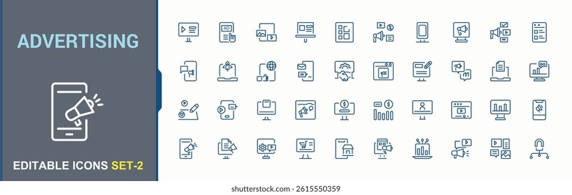 Advertising linear icon set. Contain linear sign marketing, digital, business, media, web and more. Digital Marketing icon set. Minimal linear icons. Vector illustration. Pixel perfect.
