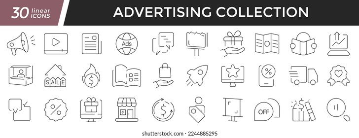 Advertising linear icons set. Collection of 30 icons in black