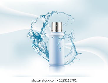 Advertising magazine page. Splash of water,empty realistic silver blue plastic package for cosmetic products,bottle for lotion,gel,shampoo on an abstract gradient background.Vector illustration.