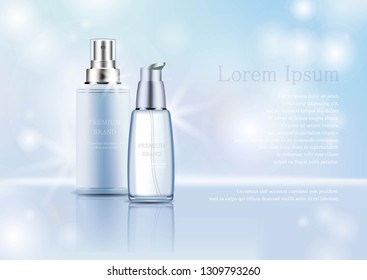 Advertising magazine page,realistic plastic and glass package for cosmetic products with batcher,tube for lotion,gel,cream,with text on abstract shine stylish gradient background.Vector illustration.