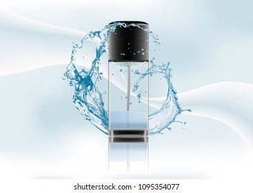 Advertising magazine page.Realistic transparent glass bottle two-phase cosmetic product,tonic,lotion.Black lid with dispenser.Abstract stylish gradient background.Vector illustration.