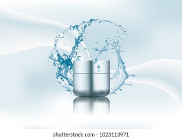 Advertising magazine page Splash water empty realistic blue plastic cream jar Cosmetic beauty product package template an abstract stylish gradient background Vector illustration 