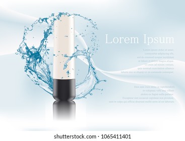 Advertising magazine page,Splash of water.Package with black lid,cosmetic products tube.Realistic mockup,plastic container isolated on abstract stylish gradient background, text .Vector illustration.