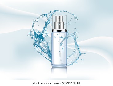 Advertising magazine page Splash water realistic glass package for cosmetic products and pump  tube for lotion  tonic  cream abstract stylish gradient background Vector illustration 