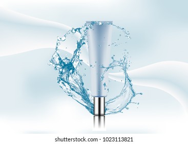 Advertising magazine page,Splash of water,realistic plastic silver-blue package for cosmetic products,tube for concealer,cream on abstract stylish gradient background.Vector illustration.