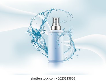 Advertising magazine page,Splash of water,realistic plastic package for cosmetic products with batcher,tube for lotion,gel,cream on abstract stylish gradient background.Vector illustration.