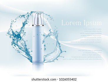 Advertising magazine page,Splash of water,realistic plastic package for cosmetic products with pump,tube for lotion, tonic, cream,with text on abstract stylish gradient background.Vector illustration.