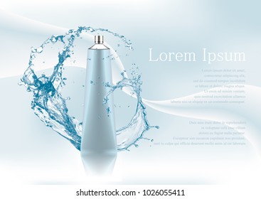 Advertising magazine page,Splash of water,realistic plastic silver-blue package for cosmetic products,tube for hand or face cream,text on abstract stylish gradient background.Vector illustration.