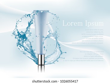 Advertising magazine page,Splash of water,realistic plastic silver-blue package for cosmetic products,tube for concealer,cream,text on abstract stylish gradient background.Vector illustration.