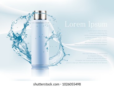 Advertising magazine page,Splash of water,realistic plastic package for cosmetic products tube,bottle for gel,shampoo,hair balm,with text on abstract stylish gradient background.Vector illustration.