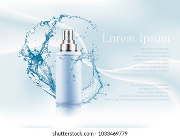 Advertising magazine page,Splash of water,realistic plastic package for cosmetic products with batcher,tube for lotion,gel,cream,with text on abstract stylish gradient background.Vector illustration.