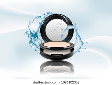 Advertising magazine page,Splash of water.Realistic plastic black compact mineral powder.Cosmetic make up product package isolated on abstract stylish gradient background.Vector illustration.