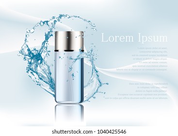 Advertising magazine page Splash water realistic transparent blue glass package for cosmetic products tube perfume flacon with text an abstract stylish gradient background Vector illustration 