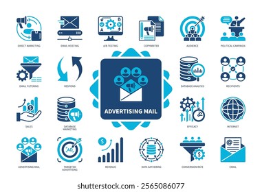 Advertising Mail icon set. Audience, Conversion Rate, Recipients, Respond, Direct Marketing, Revenue, Sales, Email. Duotone color solid icons