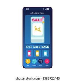 Advertising maker smartphone interface template. Flyer, leaflet creator mobile app layout. Banner generator. Social media stories ads design application flat UI. Digital marketing tool. Phone display