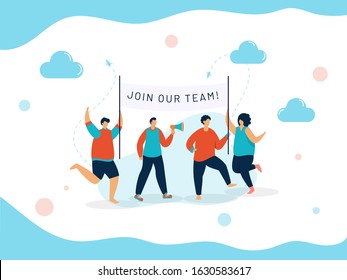 Advertising Male and Female Holding Banner for Join Our Team, We're Hiring Concept.