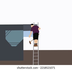 Hombre publicitario parado en la escalera de montaje colocando afiches en la pared de la calle. 