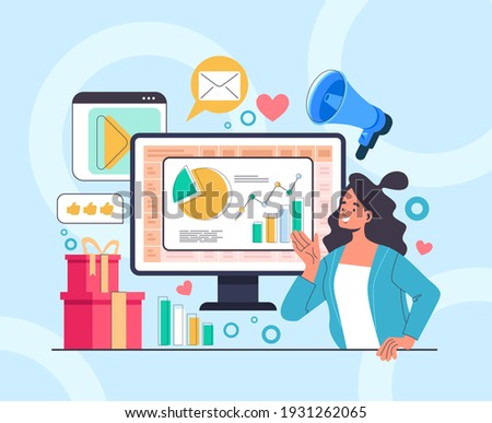Advertising management presentation promotion concept. Vector flat graphic design illustration